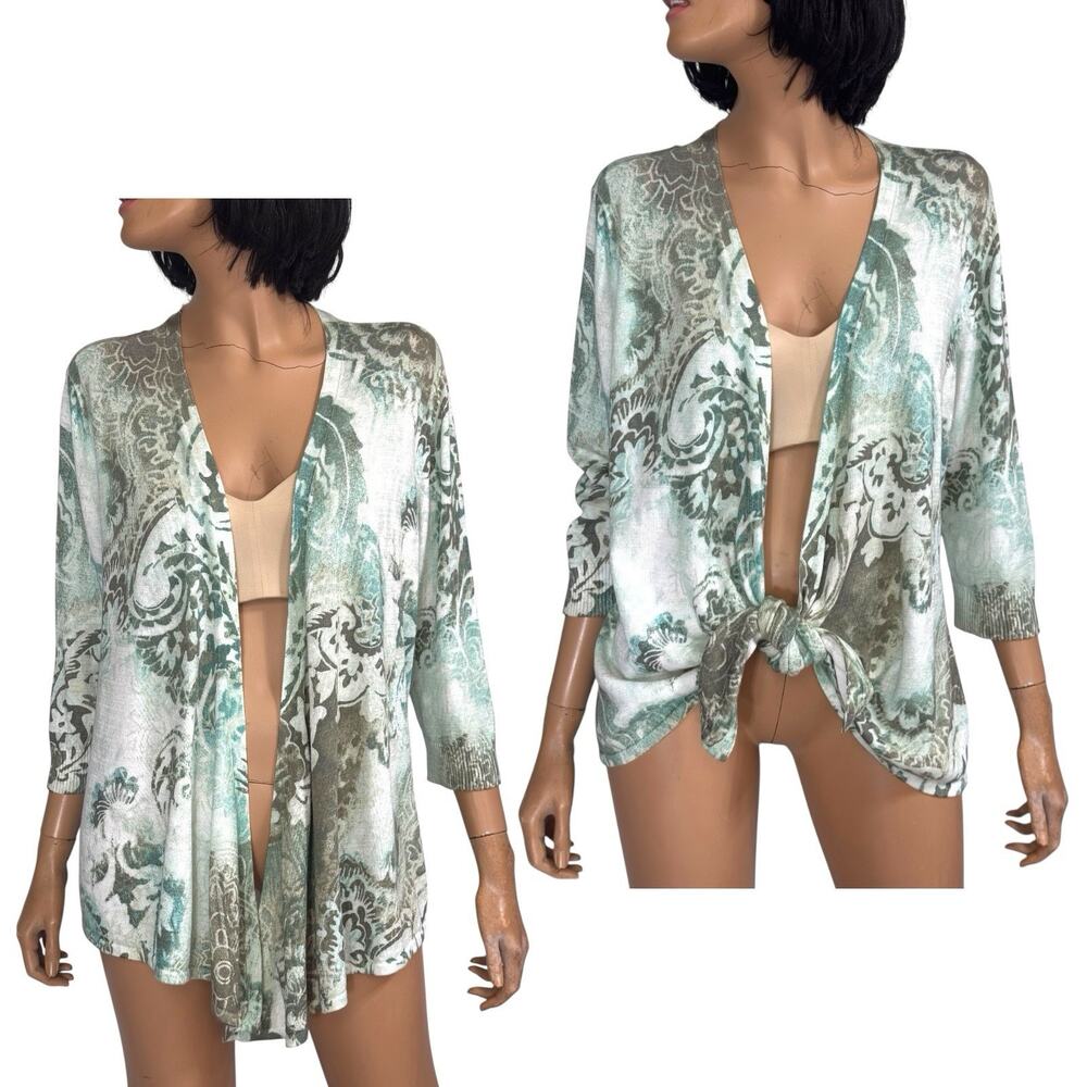 Chicos Green Paisley Open Front Tie Cardigan 2 Boho Coastal